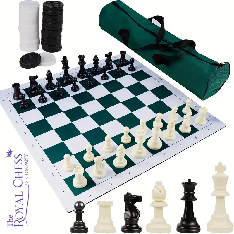 Portable Chess & Checkers Set with Faux Leather Board & Travel Bag