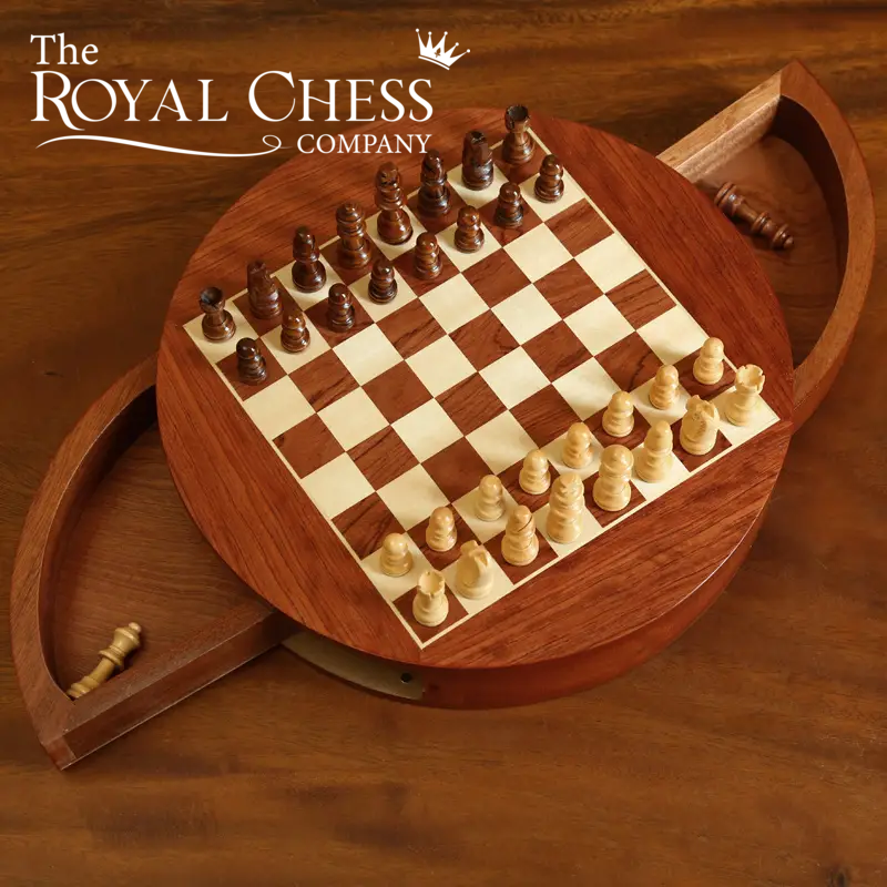 Deluxe Handcrafted Round Wooden Chess Set with Rotating Drawer