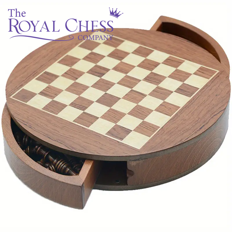 Deluxe Handcrafted Round Wooden Chess Set with Rotating Drawer