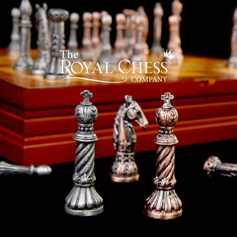 Metal Character Chess Set with Faux Leather Board – Bronze & Silver