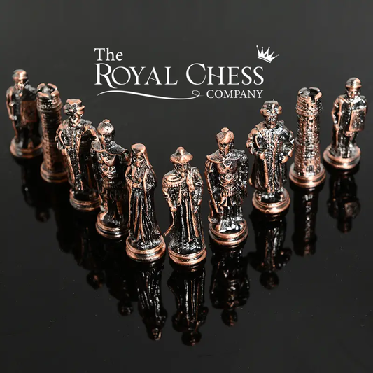 Luxury Hand-Painted Metal Chess Set with Unique Character Designs & Faux Leather Board