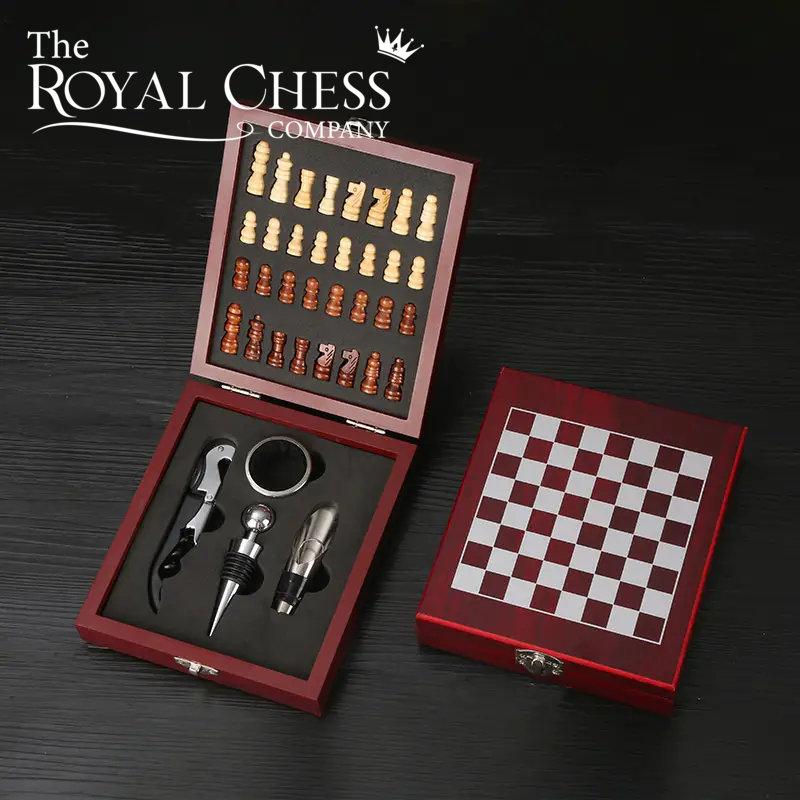 Wooden Chess Set with Seahorse Wine Opener – Elegant Gourmet Gift Box