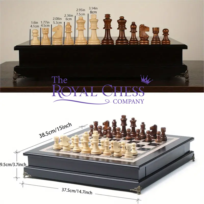 Large Wooden Chess Set with Drawer & Extra Queens – Great Gift