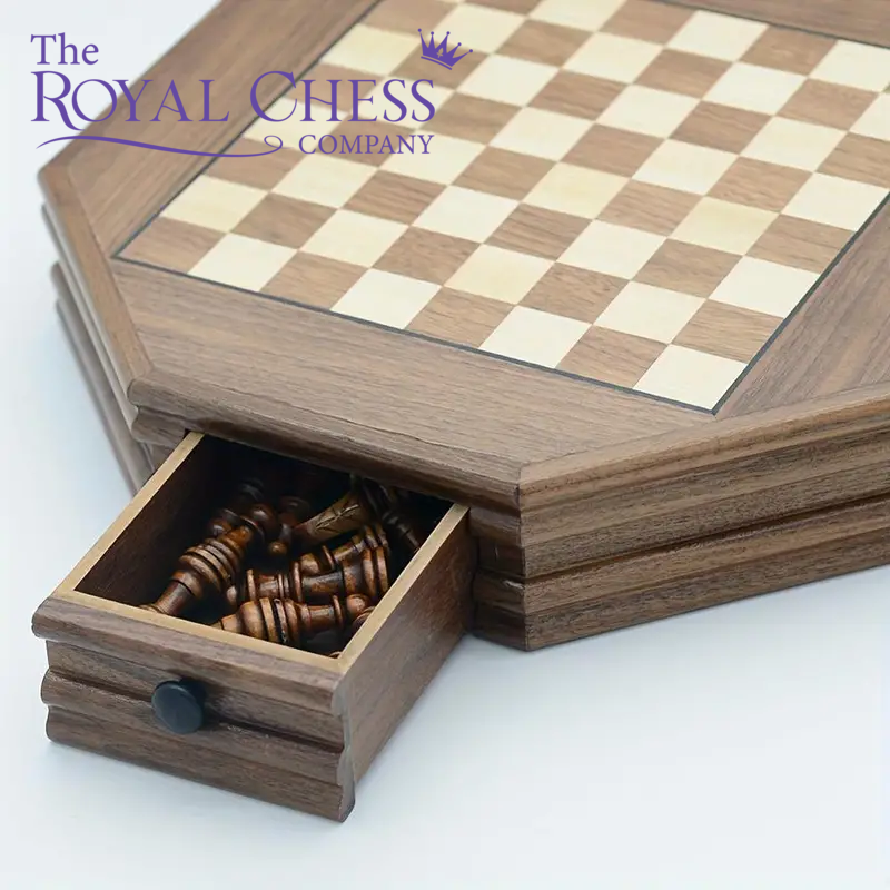 Deluxe Octagonal Wooden Chess Set with Drawer & Non-Slip Pieces