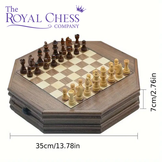 Deluxe Octagonal Wooden Chess Set with Drawer & Non-Slip Pieces