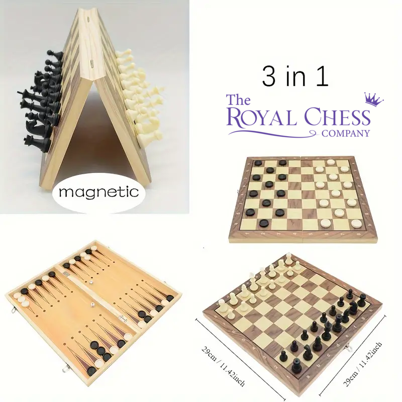 11.42" 3-in-1 Magnetic Wooden Chess Set – Perfect for Parties