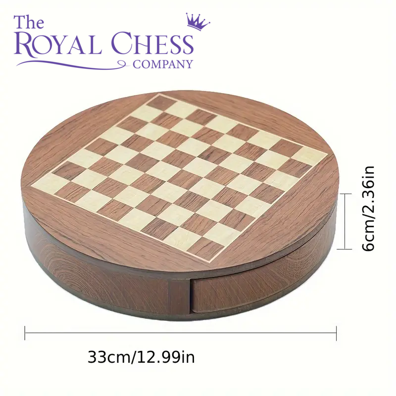 Deluxe Handcrafted Round Wooden Chess Set with Rotating Drawer