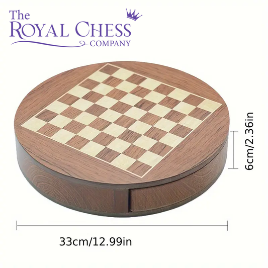 Deluxe Handcrafted Round Wooden Chess Set with Rotating Drawer